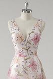 Sparkly Pink Floral V Neck Prom Dress