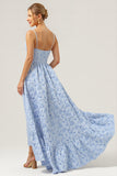Blue A Line Floral Spaghetti Straps Long Bridesmaid Dress