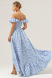 Blue Floral Off The Shoulder A Line Bridesmaid Dress