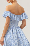 Off The Shoulder Ruffled High Low Blue Bridesmaid Dress