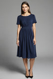 Navy Simple A Line Short Sleeves Midi Work Dress