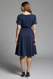 Navy Simple A Line Short Sleeves Midi Work Dress