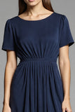 Navy Simple A Line Short Sleeves Midi Work Dress