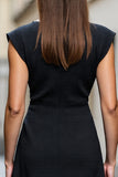 Black Satin A Line Boat Neck Midi Work Dress