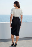 Ivory and Black Square Neck Midi Short Sleeves Work Dress
