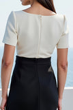 Ivory and Black Square Neck Midi Short Sleeves Work Dress