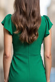 Green Satin Bodycon V-Neck Ruched Midi Work Dress with Drape