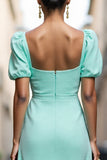 Mint Green A Line Square Neck Midi Work Dress with Ruffles