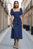 Mint Green A Line Square Neck Midi Work Dress with Ruffles