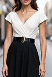 Ivory and Black Midi Satin A Line V-Neck Work Dress with Belt