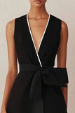 A Line Black Satin V-Neck Long Work Dress with Sash