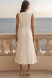 Ivory Satin Shawl Lapel Midi Work Dress with Slit