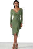 Bodycon Dusty Sage Long Sleeves Midi Work Dress with Drape