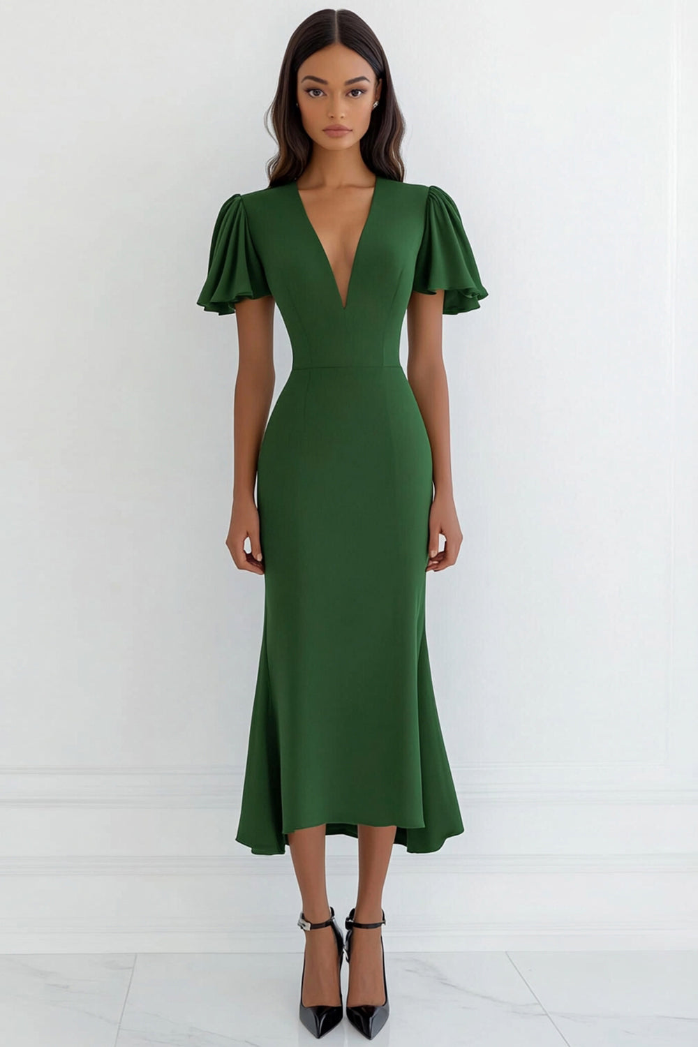 Zapaka Women Green V-Neck Midi Formal Dress with Ruffles Short Sleeves Sheath Wedding Guest Dress Zapaka CA Zapaka Women Green V-Neck Midi Formal Dress with Ruffles Short Sleeves Sheath Wedding Guest Dress Zapaka CA