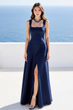 Navy Satin Square Neck A Line Formal Dress with Slit
