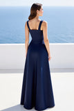 Navy Satin Square Neck A Line Formal Dress with Slit