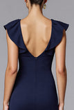 Navy Mermaid Scoop Neck Long Formal Dress with Ruffles