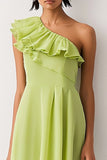 Lemon Green Chiffon One Shoulder A Line Short Formal Dress with Ruffles