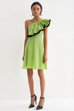 Lemon Green A Line One Shoulder Chiffon Short Formal Dress with Ruffles