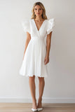 Ivory Chiffon A Line Pleated Short Formal Dress with Ruffles