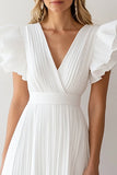Ivory Chiffon A Line Pleated Short Formal Dress with Ruffles