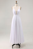 White Chiffon Ruched Deep V-Neck Long Summer Dress