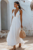 White Chiffon Ruched Deep V-Neck Long Summer Dress