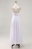 White Chiffon Ruched Deep V-Neck Long Summer Dress