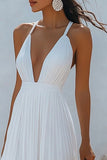 White Chiffon Ruched Deep V-Neck Long Summer Dress