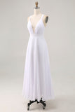 White Chiffon Ruched Deep V-Neck Long Summer Dress