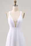 White Chiffon Ruched Deep V-Neck Long Summer Dress