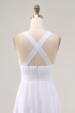 White Chiffon Ruched Deep V-Neck Long Summer Dress