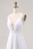 White Chiffon Ruched Deep V-Neck Long Summer Dress
