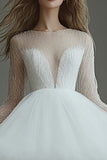Sparkly White A Line Long Sleeve Graduation Dress