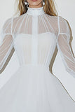 Tulle White A Line Long Sleeve Graduation Dress