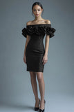Black Satin Bodycon Cocktail Dress with Ruffles