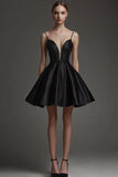 Sparkly Black Satin Short Graduation Dress with Beading