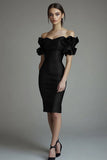 Black Bodycon Satin Short Cocktail Dress with Ruffles
