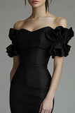 Black Bodycon Satin Short Cocktail Dress with Ruffles