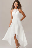 Halter A Line White Chiffon Wedding Dress with Lace
