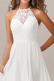 Halter A Line White Chiffon Wedding Dress with Lace