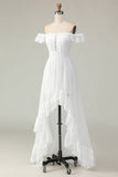 White Off The Shoulder Ruffle Graduation Dress