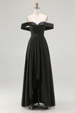 Off The Shoulder A Line Black Prom Dress with Slit