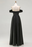 Off The Shoulder A Line Black Prom Dress with Slit