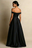 Off The Shoulder A Line Black Prom Dress with Slit