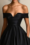 Off The Shoulder A Line Black Prom Dress with Slit