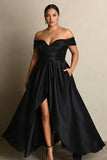Off The Shoulder A Line Black Prom Dress with Slit
