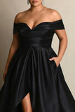 Off The Shoulder A Line Black Prom Dress with Slit