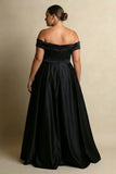 Off The Shoulder A Line Black Prom Dress with Slit