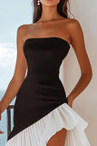 Black and White A Line Ruffled Asymmetrical Cocktail Dress